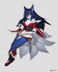 Rule 34 | 1girl, ahri (league of legends), animal ears, animal hands, animal nose, artist name, bare shoulders, blue fur, blue hair, body fur, breasts, claws, cleavage, closed mouth, facial mark, female focus, flower knot, fox ears, fox girl, fox tail, full body, furrification, furry, furry female, grey background, hand up, highres, japanese clothes, kimono, kitsune, large breasts, league of legends, legs together, long hair, long sleeves, looking at viewer, multiple tails, off shoulder, pawpads, red kimono, sash, short kimono, sidelocks, simple background, slit pupils, snout, solo, tail, tassel, twitter username, two-tone fur, uyu (soda uyu), watermark, whisker markings, white fur, wide sleeves, yellow eyes