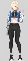 Rule 34 | 1girl, android 18, aqua nails, arm at side, black footwear, black pants, blonde hair, blue eyes, blush, breasts, closed mouth, collarbone, crop top, cropped jacket, dragon ball, dragonball z, earrings, full body, grey background, hand up, high-waist pants, jacket, jewelry, large breasts, long sleeves, looking at viewer, midriff, nail polish, navel, open clothes, open jacket, pants, popqn, short hair, simple background, sleeveless, solo, standing, striped, thigh gap, underboob, v, white background, zipper, zipper pull tab