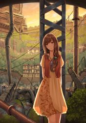Rule 34 | 1girl, arms behind back, brown eyes, brown hair, bush, closed mouth, collarbone, dress, drum (container), floral print, frown, hair ornament, hair scrunchie, head tilt, highres, house, industrial pipe, long hair, mole, mole under mouth, moss, original, outdoors, ponytail, railing, rebar, resolution mismatch, rust, scenery, scrunchie, short sleeves, solo, source larger, standing, swept bangs, yellow dress, yuuki koutarou