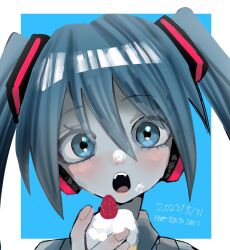 Rule 34 | blue background, blue eyes, blue hair, border, cake, commentary, dated, food, food on face, fruit, hair between eyes, hair ornament, happy birthday, hatsune miku, highres, holding, holding cake, holding food, looking at viewer, open mouth, outside border, portrait, simple background, strawberry, twintails, urokogaran, vocaloid, white border