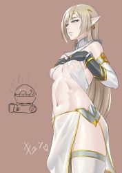 Rule 34 | 1girl, aqua eyes, bad id, bad pixiv id, black gloves, blonde hair, blush, bracelet, breasts, brown background, bulge, covered erect nipples, detached sleeves, earrings, elf, erection, erection under clothes, futanari, gloves, jewelry, large penis, long hair, medium breasts, mikoyan, navel, original, parted lips, penis, pointy ears, rakko-nabe, revealing clothes, sideboob, simple background, solo, standing, thighhighs, underboob, white background