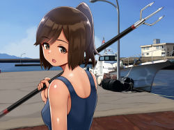 Rule 34 | 1girl, blush, boat, brown eyes, brown hair, cloud, day, hair ornament, harbor, holding, i-401 (kancolle), kantai collection, looking at viewer, looking back, ocean, one-piece swimsuit, open mouth, outdoors, polearm, ponytail, sailor collar, school swimsuit, ship, short hair, short ponytail, sky, solo, swimsuit, trident, tussy, water, watercraft, weapon