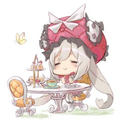 Rule 34 | 1girl, bug, butterfly, cake, chair, dress, closed eyes, fate/grand order, fate (series), food, gloves, hat, bug, long hair, marie antoinette (fate), nunohashi (shock wave), silver hair, sitting, smile, solo, table, twintails