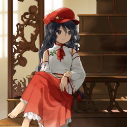 Rule 34 | 1girl, barefoot, blue eyes, blue hair, breasts, cabbie hat, closed mouth, crossed legs, flat cap, frilled skirt, frills, happy, hat, hat ornament, kaigen 1025, label girl (dipp), long hair, looking away, mandarin collar, midriff, red hat, red ribbon, red skirt, ribbon, sidelocks, skirt, small breasts, smile, solo, star (symbol), star hat ornament, string, toes, touhou, very long hair, vest, white sleeves, white vest