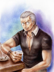 Rule 34 | 1boy, ashtray, black shirt, cigarette, facial hair, glass, glasses, grey hair, looking at viewer, male focus, one piece, open collar, shirt, silvers rayleigh, sitting, smoke, solo, table, tattoo