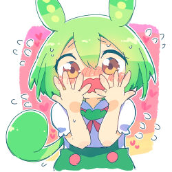 Rule 34 | 1girl, animal ears, ayakashi (monkeypanch), blush, blush stickers, commentary request, covering face, double-parted bangs, elbows together, flying sweatdrops, furrowed brow, green hair, green shorts, hair between eyes, highres, long hair, looking at viewer, low ponytail, nose blush, open mouth, pink background, puffy short sleeves, puffy sleeves, shirt, short hair, short sleeves, shorts, sketch, solo, suspender shorts, suspenders, sweatdrop, upper body, voicevox, white background, white shirt, yellow eyes, zundamon