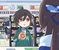 Rule 34 | 1boy, 2girls, bag of chips, black hair, blue hairband, bottle, brown eyes, brown hair, camouflage, camouflage hairband, chibi, china tracksuit, clock, commentary, convenience store, counter, english commentary, food request, from behind, genshin impact, green jacket, hairband, highres, hu tao (genshin impact), hu tao (lawson) (genshin impact), indoors, jacket, lawson, long hair, long sleeves, meme, meme attire, multiple girls, open mouth, shop, short hair, track jacket, very long hair, xinzoruo, yelan (genshin impact), zhongli (genshin impact)