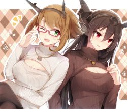 Rule 34 | 10s, 2girls, ;d, adjusting eyewear, bespectacled, black hair, breasts, brown hair, cleavage, cleavage cutout, clothing cutout, glasses, green eyes, hairband, hiiragi souren, jewelry, kantai collection, large breasts, long hair, meme attire, multiple girls, mutsu (kancolle), nagato (kancolle), necklace, one eye closed, open-chest sweater, open mouth, red eyes, ribbed sweater, smile, sweater, turtleneck