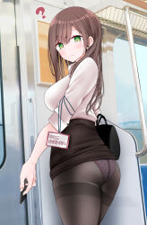 Rule 34 | 1girl, @ @, accidental exposure, ass, black skirt, blush, breasts, brown eyes, brown hair, brown pantyhose, clothes lift, commentary request, cowboy shot, from behind, highres, holding, id card, large breasts, long hair, looking at viewer, looking back, ol-chan (oouso), oouso, original, panties, panties under pantyhose, pantyhose, pink panties, polka dot, polka dot panties, shirt, skirt, skirt lift, solo, thighband pantyhose, train interior, underwear, wardrobe malfunction, white shirt