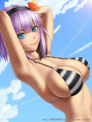 Rule 34 | &gt;:), 10s, 1girl, 2016, adapted costume, armpits, arms behind head, arms up, artist name, beads, bikini, bikini top only, blue eyes, blush, breasts, cleavage, closed mouth, cloud, collarbone, concentric circles, contrail, dagashi kashi, day, english text, flower, gem, hair flower, hair ornament, hairband, hibiscus, highres, large breasts, lips, looking at viewer, outdoors, pearl (gemstone), purple hair, shidare hotaru, short hair, sideboob, smile, smirk, solo, swimsuit, tan, tsurime, upper body, v-shaped eyebrows, watermark, web address, yiqiang