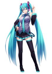 Rule 34 | 1girl, aqua eyes, aqua hair, bad id, bad pixiv id, bare shoulders, breasts, detached sleeves, covered erect nipples, finger gun, full body, hand on own hip, hatsune miku, headphones, headset, highres, impossible clothes, impossible shirt, large breasts, long hair, necktie, aged up, pen (steelleets), shirt, skirt, smile, solo, thighhighs, transparent background, twintails, very long hair, vocaloid, zettai ryouiki