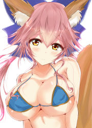Rule 34 | 1girl, animal ear fluff, animal ears, bare shoulders, bikini, blue bikini, blue bow, blush, bow, breasts, brown eyes, cleavage, closed mouth, collarbone, commentary request, fate/grand order, fate (series), fox ears, fox girl, fox tail, hair between eyes, hair bow, haru (nature life), head tilt, large breasts, long hair, pink hair, skindentation, smile, solo, swimsuit, tail, tamamo (fate), tamamo no mae (fate/extra), tamamo no mae (swimsuit lancer) (fate), upper body