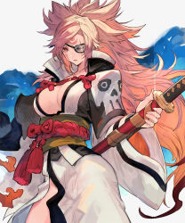 Rule 34 | 1girl, amputee, baiken, breasts, cleavage, eyepatch, facial tattoo, guilty gear, guilty gear strive, highres, holding, holding weapon, japanese clothes, katana, kimono, large breasts, long hair, obi, one-eyed, open clothes, open kimono, oro (sumakaita), pink eyes, pink hair, ponytail, rope, rope belt, sash, scar, scar across eye, scar on face, sheath, sheathed, skull print, solo, sparkle, sword, tattoo, weapon, wide sleeves
