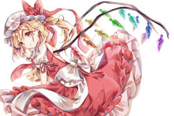 Rule 34 | 1girl, ascot, ayatsuki sugure, backless outfit, bare back, blonde hair, blush, bow, commentary request, crystal, dress, flandre scarlet, frilled dress, frills, hair between eyes, hand up, hat, hat bow, highres, large bow, looking at viewer, medium hair, mob cap, puffy short sleeves, puffy sleeves, red bow, red dress, red eyes, red ribbon, ribbon, ribbon-trimmed headwear, ribbon-trimmed sleeves, ribbon trim, short sleeves, side ponytail, simple background, smile, solo, touhou, white background, white bow, wings, wrist cuffs, yellow ascot