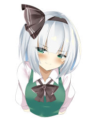 Rule 34 | 1girl, 9150namihana, absurdres, black bow, black bowtie, black hairband, blush, bow, bowtie, closed mouth, cropped torso, green eyes, grey hair, hairband, highres, konpaku youmu, looking at viewer, short hair, simple background, solo, touhou, white background