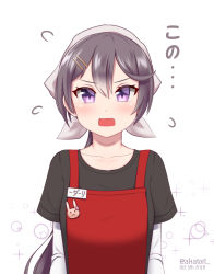 Rule 34 | 1girl, absurdres, akatori (redbird), akebono (kancolle), alternate costume, apron, arm warmers, artist name, bad id, bad pixiv id, bandana, black shirt, dated, fang, flying sweatdrops, highres, kantai collection, looking at viewer, low ponytail, name tag, open mouth, ponytail, purple eyes, purple hair, rabbit pin, red apron, shirt, solo, white background