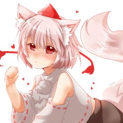 Rule 34 | 1girl, animal ears, bare shoulders, black skirt, blush, bright background, clenched hand, closed mouth, detached sleeves, hair between eyes, hand up, hat, heart, highres, inubashiri momiji, leaning forward, looking at viewer, pom pom (clothes), red eyes, ribbon-trimmed sleeves, ribbon trim, shirt, short hair, skirt, sleeveless, sleeveless shirt, solo, tail, tokin hat, touhou, turtleneck, unori, upper body, white hair, white shirt, wide sleeves, wolf ears, wolf tail