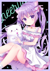 Rule 34 | 1girl, :3, animal ear fluff, animal ears, bell, blush, bow, cat ears, cat girl, cat tail, collar, collarbone, dress, fingernails, frilled dress, frills, hair between eyes, hair bow, hair ornament, highres, holding, holding stuffed toy, long hair, looking at viewer, momochi chia, neck bell, original, pink bow, pink collar, pink dress, purple eyes, purple hair, short dress, signature, sitting, smile, solo, split mouth, stuffed animal, stuffed cat, stuffed toy, sundress, tail, tail raised, twintails, white dress, white legwear, wrist cuffs, x hair ornament