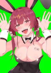 Rule 34 | 1girl, absurdres, alternate costume, animal ears, bare shoulders, black leotard, blush, bow, bowtie, breast tattoo, breasts, cleavage, collarbone, covered navel, detached collar, fake animal ears, green background, heterochromia, highres, hololive, houshou marine, large breasts, leotard, long hair, looking at viewer, open mouth, playboy bunny, rabbit ears, rabbit pose, red eyes, red hair, simple background, smile, solo, tattoo, tonarikeru, twintails, upper body, virtual youtuber, wrist cuffs, yellow eyes