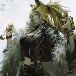 Rule 34 | 1girl, ambience synesthesia, animal ears, arknights, blonde hair, earrings, infukun, jacket, jewelry, long hair, microphone, necklace, ponytail, ring, shirt, siege (arknights), white background, yellow eyes