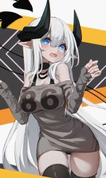 Rule 34 | 1girl, absurdres, arms up, bare shoulders, black thighhighs, blue eyes, breasts, commentary request, demon girl, demon horns, demon tail, fang, grey shirt, hair between eyes, highres, horns, huizhiyin, large breasts, long hair, long sleeves, looking at viewer, off-shoulder shirt, off shoulder, open mouth, original, pointy ears, shirt, skindentation, sleeves past wrists, solo, tail, thighhighs, very long hair, white hair