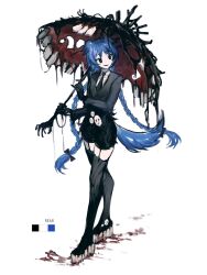 Rule 34 | 1girl, black bow, black eyes, black footwear, black gloves, black jacket, black shorts, blood, blue hair, boots, bow, braid, e.g.o (project moon), employee (project moon), extra teeth, garter straps, gloves, hair bow, highres, holding, holding umbrella, jacket, lobotomy corporation, long hair, low twin braids, mask, unworn mask, mountain of smiling bodies, original, platform boots, platform footwear, project moon, remsrar, shorts, smile, solo, thigh boots, twin braids, two side up, umbrella, very long hair