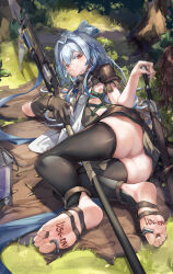Rule 34 | 1girl, absurdres, armor, barefoot, black pantyhose, character request, copyright request, feet, highres, holding, holding staff, holding sword, holding weapon, long hair, looking at viewer, no panties, pantyhose, red eyes, shoulder armor, soles, staff, sword, tattoo, toes, weapon, white hair, xun li eins