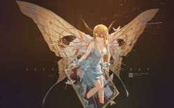 Rule 34 | 1girl, antennae, arthropod girl, bandages, blonde hair, blue eyes, breasts, bug, cleavage, dress, english text, gradient background, highres, insect, long hair, looking at viewer, miv4t, moth, original, personification, pin, pointy ears, solo, white dress, wings