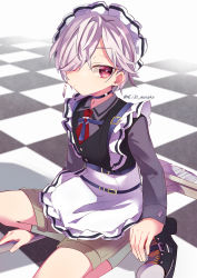 Rule 34 | 1boy, absurdres, apron, checkered background, choker, crossdressing, dress, grey hair, highres, looking to the side, maid, maid apron, maid headdress, male focus, naka, original, piercing, red eyes, short hair, trap, white background, white hair
