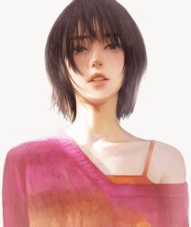 Rule 34 | 1girl, absurdres, black eyes, black hair, camisole, collarbone, grey background, highres, k-pop, looking at viewer, nagamerin, off shoulder, orange camisole, parted lips, pink sweater, portrait, real life, realistic, red velvet (group), short hair, solo, straight-on, sweater, wendy (red velvet)