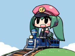 Rule 34 | 1girl, aqua hair, chan co, chibi, hat, hatsune miku, locomotive, sitting, smile, solo, steam locomotive, train, twintails, vocaloid