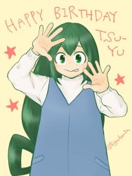 Rule 34 | 1girl, artist name, asui tsuyu, boku no hero academia, character name, english text, eyelashes, facing viewer, female focus, frog girl, green eyes, green hair, hair between eyes, hands up, happy birthday, long hair, long sleeves, looking at viewer, matching hair/eyes, sidelocks, sleeveless, sleeveless jacket, standing, star (symbol), starry background, sweater, sweater under jacket, tongue, tongue out, tugudemia, turtleneck, turtleneck sweater, wide-eyed, yellow background