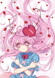 Rule 34 | 1girl, bandaid, blue shirt, blue sleeves, blush, closed mouth, collar, commentary request, cross, crossed arms, hair between eyes, hands up, hata no kokoro, heart, heart-shaped pupils, highres, kyouda suzuka, long hair, mask, pink eyes, pink hair, pink skirt, plaid, plaid shirt, shirt, short sleeves, simple background, skirt, smile, solo, symbol-shaped pupils, touhou, white background