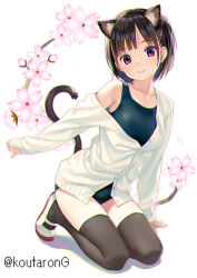 Rule 34 | 1girl, animal ears, black hair, black thighhighs, blue one-piece swimsuit, breasts, cardigan, cat ears, cat girl, cat tail, closed mouth, commentary request, flower, full body, head tilt, koutaro, long sleeves, looking at viewer, off shoulder, one-piece swimsuit, original, pink flower, purple eyes, school swimsuit, shadow, shoes, simple background, sleeves past wrists, small breasts, smile, solo, swimsuit, swimsuit under clothes, tail, thighhighs, uwabaki, white background, white cardigan, white footwear