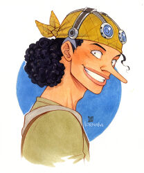 Rule 34 | 1boy, artist name, bandana, black eyes, black hair, clenched teeth, commentary, curly hair, english commentary, goggles, goggles on headwear, highres, long nose, looking at viewer, lorna-ka, male focus, one piece, short hair, signature, smile, solo, teeth, usopp
