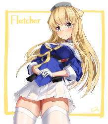 Rule 34 | 1girl, blonde hair, blue eyes, blue shirt, blush, breasts, character name, cleavage, commentary request, double bun, fletcher (kancolle), gloves, hair bun, hairband, highres, kantai collection, large breasts, long hair, looking at viewer, neckerchief, own hands together, panties, pleated skirt, sailor collar, school uniform, see-through, serafuku, shirt, skirt, solo, takanashi kei (hitsujikan), thighhighs, underwear, white gloves, white panties, white sailor collar, white skirt, white thighhighs, yellow neckerchief
