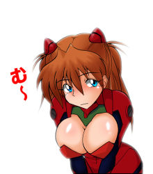 Rule 34 | 1girl, alternate breast size, blue eyes, blush, bodysuit, breasts, breasts squeezed together, brown hair, cleavage, cleavage cutout, clothing cutout, cowboy shot, facing viewer, half updo, hetano yokoduki, large breasts, long hair, looking at viewer, neon genesis evangelion, open bodysuit, open clothes, plugsuit, red bodysuit, simple background, solo, souryuu asuka langley, v arms, white background