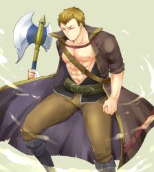 Rule 34 | 1boy, abs, axe, bandages, belt, blonde hair, boots, brown eyes, fire emblem, fire emblem: the blazing blade, full body, highres, holding, holding axe, holding weapon, linus (fire emblem), male focus, manly, navel, nintendo, open clothes, open shirt, pectorals, shougayaki (kabayaki 3), simple background, teeth, transparent background, weapon