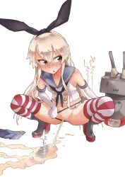Rule 34 | 1girl, :3, black eyes, black neckerchief, black panties, blonde hair, blue skirt, blush, boots, bow, breasts, clothing aside, collarbone, gloves, grey footwear, hair bow, hairband, highres, kantai collection, koorimizu, lifebuoy, long hair, looking to the side, neckerchief, open mouth, panties, panties aside, peeing, puddle, pussy, red thighhighs, rensouhou-chan, shimakaze (kancolle), shirt, skirt, sleeveless, sleeveless shirt, small breasts, squatting, steam, striped clothes, striped thighhighs, sweat, swim ring, thighhighs, turret, uncensored, underwear, unworn skirt, white background, white gloves, white shirt, white thighhighs