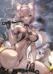 Rule 34 | 1girl, animal ear fluff, animal ears, black gloves, bodysuit, breasts, cat ears, cat girl, dagger, fingerless gloves, fishnet bodysuit, fishnets, gloves, highres, hitowa, knife, large breasts, licking, licking lips, navel, ninja, original, pink eyes, pink hair, revealing clothes, solo, squatting, thighs, tongue, tongue out, weapon