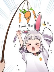 Rule 34 | &gt; &lt;, 1girl, 1other, arms up, blush, carrot, carrot on stick, ear down, english text, flying sweatdrops, food, highres, medium hair, motto notto, notched ear, open mouth, original, oversized clothes, rabbit ears, rabbit girl, simple background, sleeves past wrists, thick eyebrows, white background