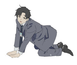 Rule 34 | 1boy, all fours, badge, black hair, blue archive, blue archive the animation, brown eyes, business suit, commentary, draw your babygirl (meme), dress shoes, english commentary, fikkyun, formal, grey suit, meme, necktie, sensei (blue archive), sensei (blue archive the animation), simple background, suit, white background