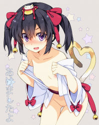 Rule 34 | 1girl, beige background, bell, black hair, blush, bottomless, breasts, cat tail, comb, embarrassed, female focus, flat chest, grey background, hair ornament, heart, heart tail, japanese clothes, kimono, leaning forward, looking at viewer, miko, naked kimono, new year, nipples, no bra, no panties, no pants, obi, open clothes, open kimono, open mouth, original, purple eyes, saipaco, sash, simple background, small breasts, solo, star (symbol), starry background, tail, twintails