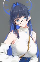 Rule 34 | 1girl, bare shoulders, between breasts, black-framed eyewear, black hair, blue eyes, blue hair, blue skirt, blush, breasts, closed mouth, detached sleeves, glasses, grey hair, hair intakes, halo, head tilt, high-waist skirt, highres, hololive, hololive english, large breasts, long hair, long sleeves, looking at viewer, official alternate costume, ouro kronii, ouro kronii (casual), semi-rimless eyewear, shirt, simple background, skirt, sleeveless, sleeveless shirt, smile, solo, split mouth, strap between breasts, under-rim eyewear, unfinished, upper body, virtual youtuber, white shirt, yd (orange maru)