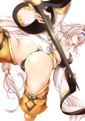 Rule 34 | 1girl, apsaras (granblue fantasy), arched back, ass, bare shoulders, braid, breasts, brown eyes, cosplay, cyoppu, detached sleeves, erune, from behind, granblue fantasy, hair tubes, hairband, heles, highres, large breasts, long hair, looking back, silver hair, single braid, solo, spread legs, staff, thong, very long hair, white background, wide sleeves