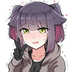 Rule 34 | 1girl, alternate hairstyle, animal ears, arknights, black gloves, black shirt, blush, cat ears, collarbone, colored inner hair, crying, crying with eyes open, gloves, green eyes, grey jacket, hand up, heart, highres, jacket, jessica (arknights), k0ng, multicolored hair, open clothes, open jacket, open mouth, pink hair, portrait, purple hair, shirt, simple background, solo, tears, trembling, twintails, two-tone hair, w, wavy mouth, white background