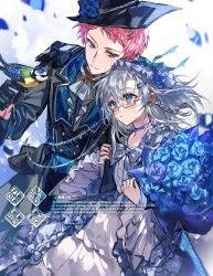 Rule 34 | 1boy, 1girl, :&lt;, arm hug, ascot, bell sleeves, belt, bird, bird on hand, black coat, black gloves, black hat, blue belt, blue bow, blue bowtie, blue choker, blue dress, blue eyes, blue flower, blue rose, blush, bouquet, bow, bowtie, braid, brooch, choker, closed mouth, coat, couple, cowboy shot, curtained hair, dress, ensemble stars!, epaulettes, eye contact, falling petals, flower, frilled dress, frills, gem, gloves, gown, grey hair, grey shirt, hair between eyes, hair ornament, hairband, hairclip, half gloves, hat, hat flower, hetero, highres, holding, holding bouquet, itsuki shu, jewelry, lapels, lolita hairband, long hair, long sleeves, looking at another, notched lapels, original, petals, pink hair, purple eyes, red gemstone, rose, shirt, short bangs, short hair, side braid, smile, sparkle, two-tone dress, white ascot, white background, white dress, zi yin