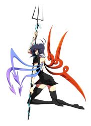Rule 34 | 1girl, am (blackant), back, backless outfit, bad id, bad pixiv id, bare back, black hair, black thighhighs, dress, female focus, highres, houjuu nue, polearm, red eyes, short hair, simple background, snake, solo, spear, thighhighs, touhou, trident, weapon, wings, zettai ryouiki