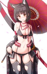 Rule 34 | 1girl, :o, animal ear fluff, animal ears, bikini, black bikini, black thighhighs, blush, breasts, brown eyes, brown hair, cleavage, commentary request, front-tie bikini top, front-tie top, garter straps, highres, holding, holding umbrella, large breasts, long sleeves, looking at viewer, off shoulder, oil-paper umbrella, original, parted lips, petals, red umbrella, reinama, short hair, shown, simple background, skindentation, solo, swimsuit, thighhighs, torn clothes, torn thighhighs, umbrella, white background