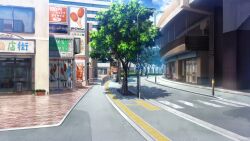 Rule 34 | ad, banner, blue sky, brick, building, city, cloud, crosswalk, day, film grain, game cg, izumi tsubasu, lamppost, no humans, non-web source, official art, outdoors, plant, potted plant, re:stage!, road, scenery, sky, storefront, street, tree